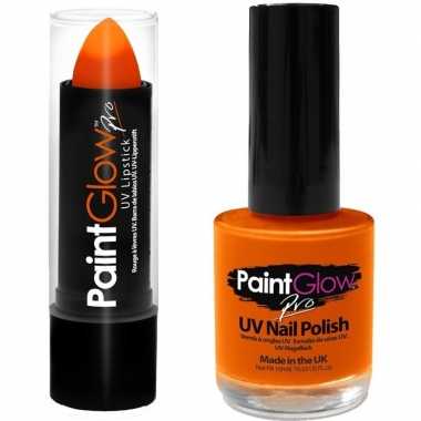 Carnavalskleding neon oranje uv lippenstift/lipstick nagellak schmink