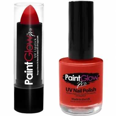 Carnavalskleding neon rode uv lippenstift/lipstick nagellak schmink s