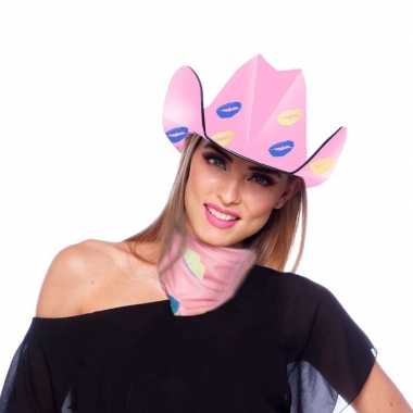 Carnavalskleding roze kartonnen cowboyhoed lippen/kusjes dames arnhem