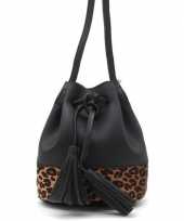 Carnavalskleding zwart bruin luipaardprint schoudertasje bucket bag arnhem