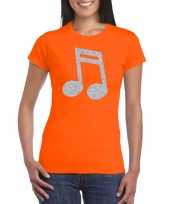 Zilveren muziek noot muziek feest t-shirt carnavalskleding oranje dames arnhem